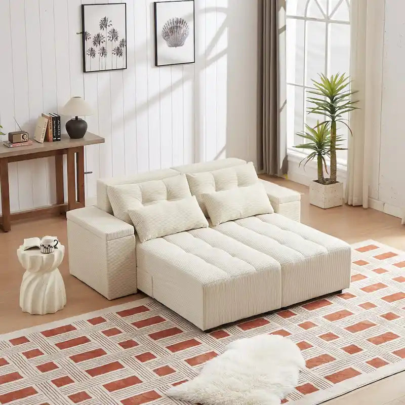 Canapé sectionnel convertible 3-en-1 en velours côtelé beige, symétrique, 3+ places