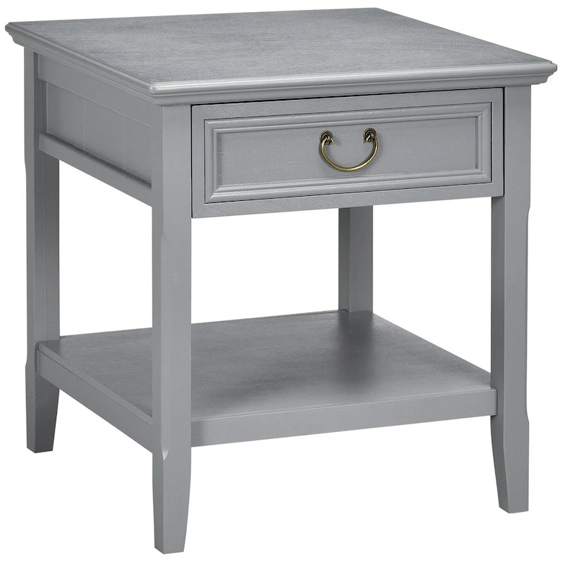 Table d'appoint vintage argentée/marron avec tiroir et étagère ouverte, utilisation individuelle