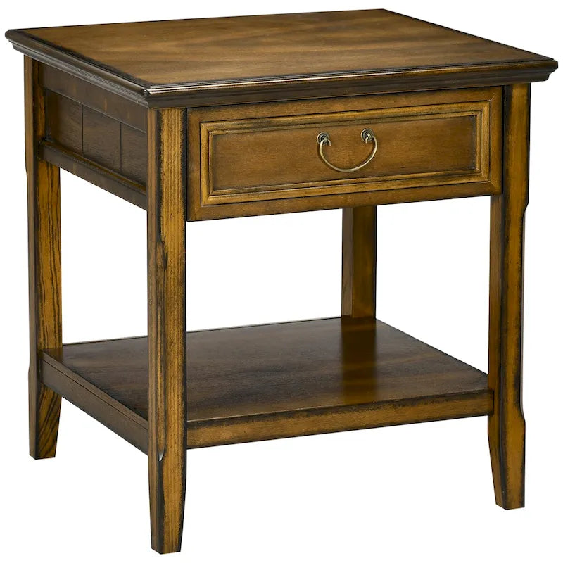 Table d'appoint vintage argentée/marron avec tiroir et étagère ouverte, utilisation individuelle