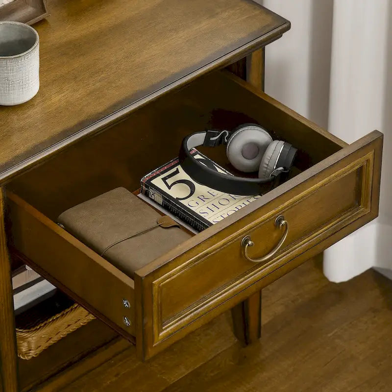 Table d'appoint vintage argentée/marron avec tiroir et étagère ouverte, utilisation individuelle