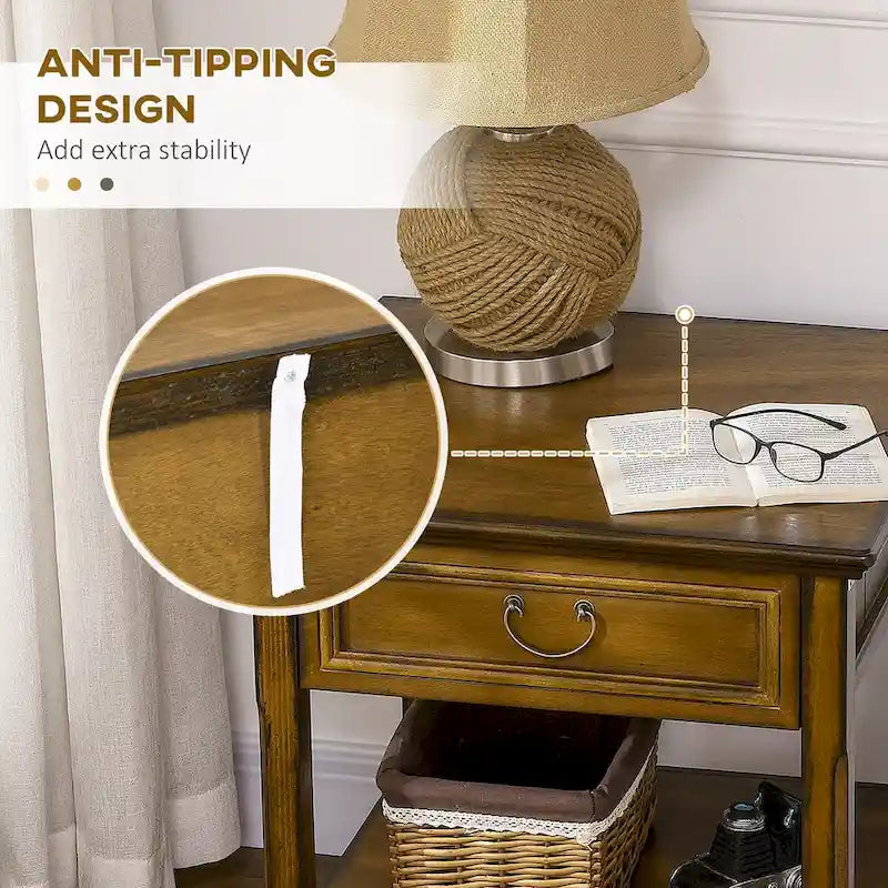 Table d'appoint vintage argentée/marron avec tiroir et étagère ouverte, utilisation individuelle