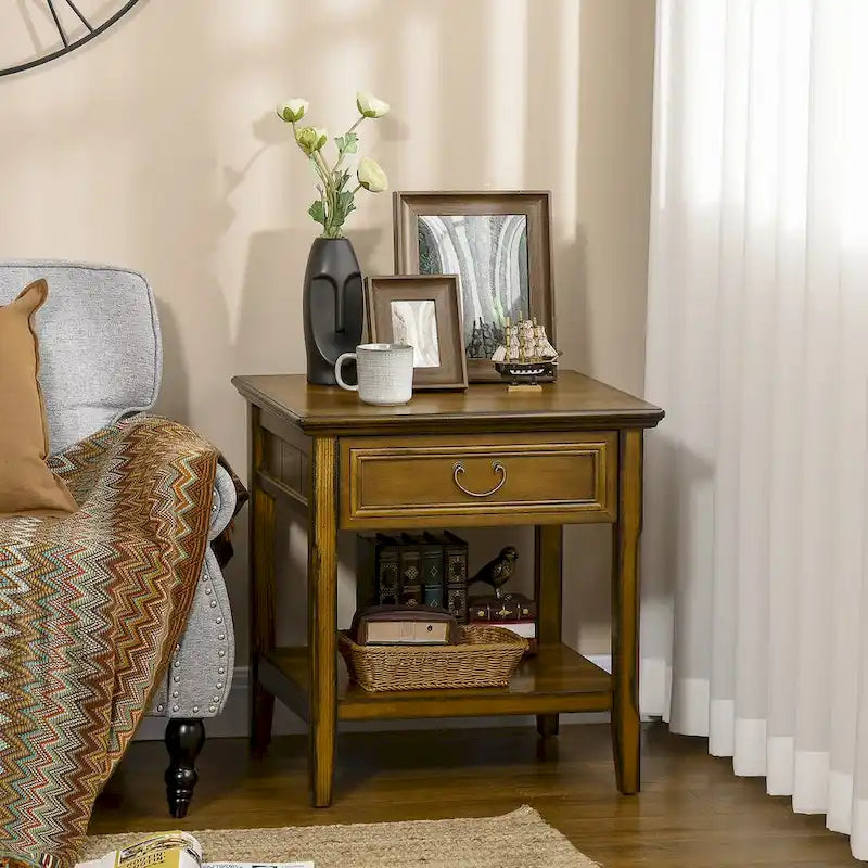 Table d'appoint vintage argentée/marron avec tiroir et étagère ouverte, utilisation individuelle