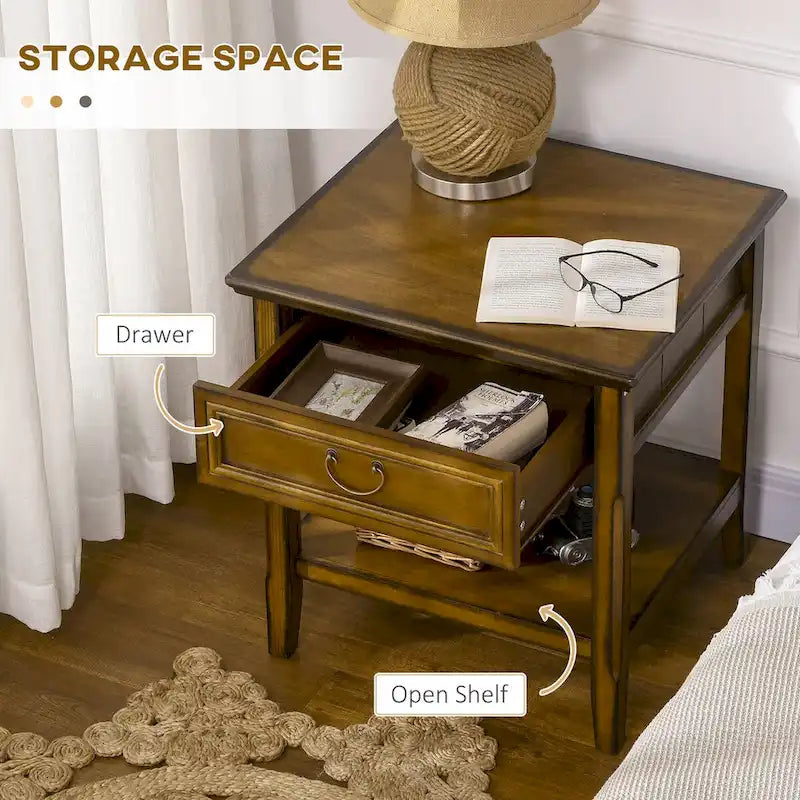 Table d'appoint vintage argentée/marron avec tiroir et étagère ouverte, utilisation individuelle