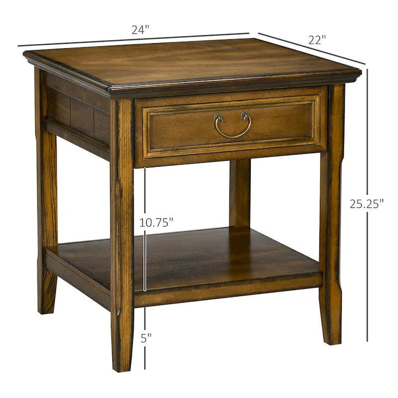 Table d'appoint vintage argentée/marron avec tiroir et étagère ouverte, utilisation individuelle