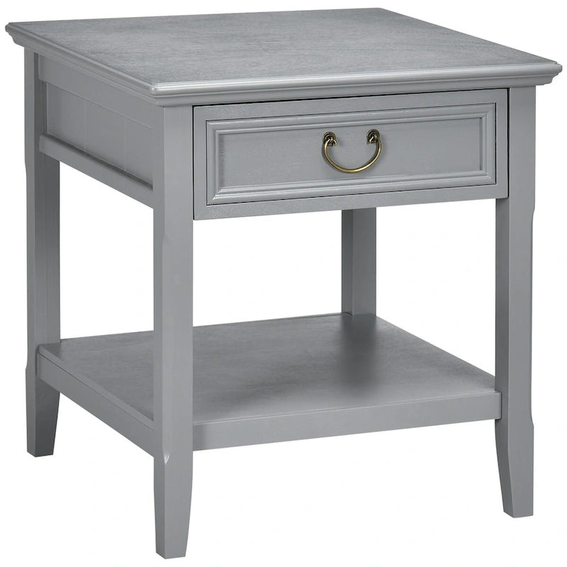 Table d'appoint vintage argentée/marron avec tiroir et étagère ouverte, utilisation individuelle