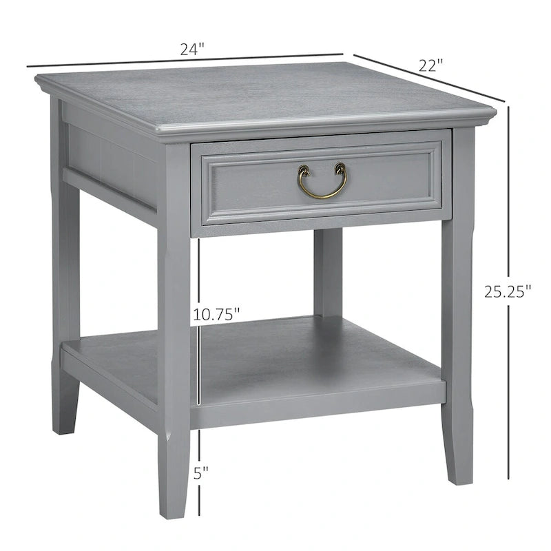 Table d'appoint vintage argentée/marron avec tiroir et étagère ouverte, utilisation individuelle