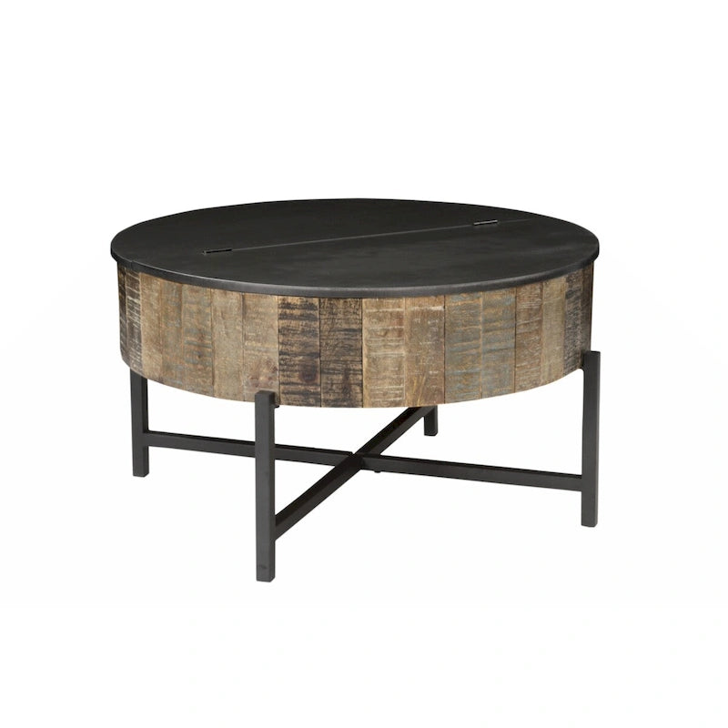 Table basse de rangement ronde, marron rustique, utilisation par 1 personne