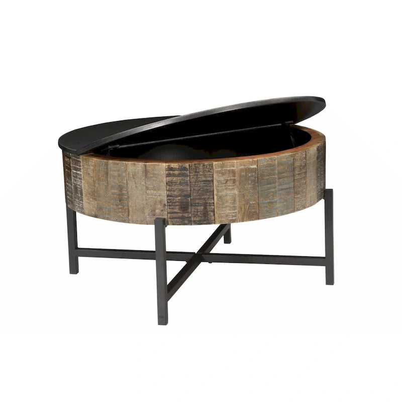 Table basse de rangement ronde, marron rustique, utilisation par 1 personne