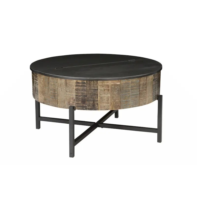 Table basse de rangement ronde, marron rustique, utilisation par 1 personne