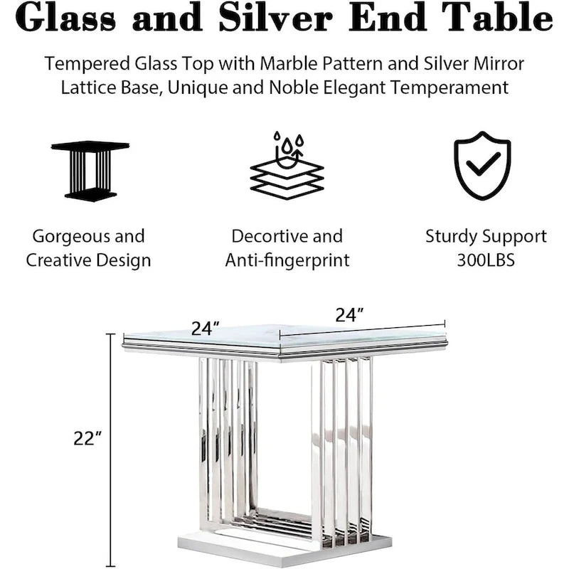 Table d'appoint en verre argenté, plateau carré en verre trempé, usage individuel