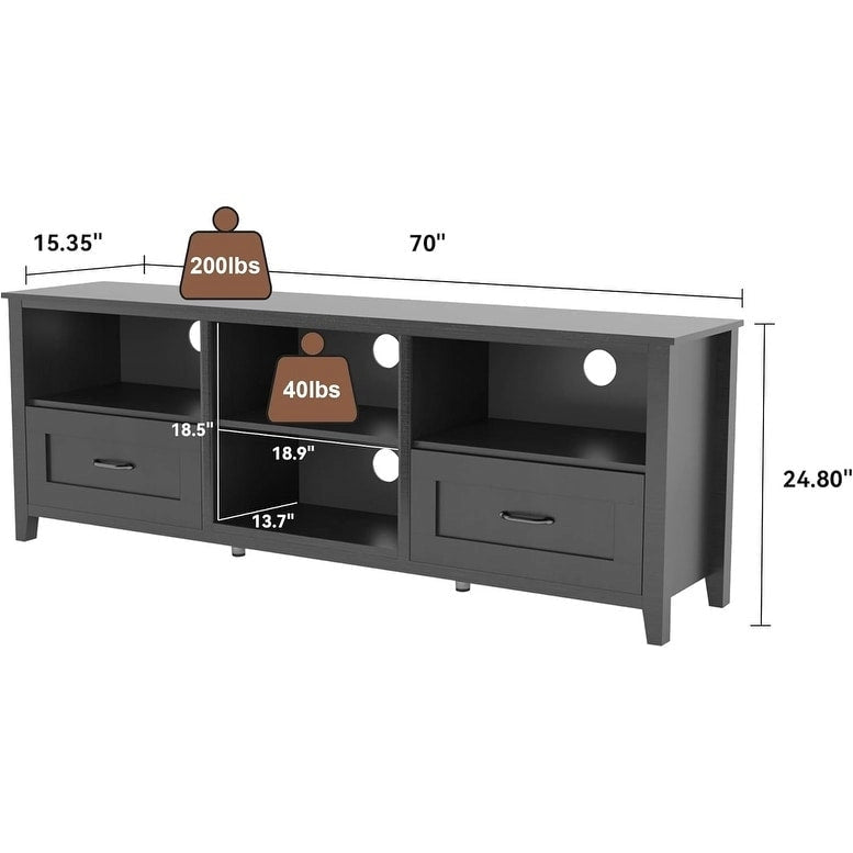 Meuble TV industriel noir avec 2 tiroirs et 4 étagères ouvertes, simple