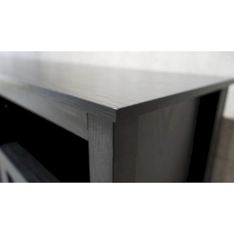 Meuble TV industriel noir avec 2 tiroirs et 4 étagères ouvertes, simple