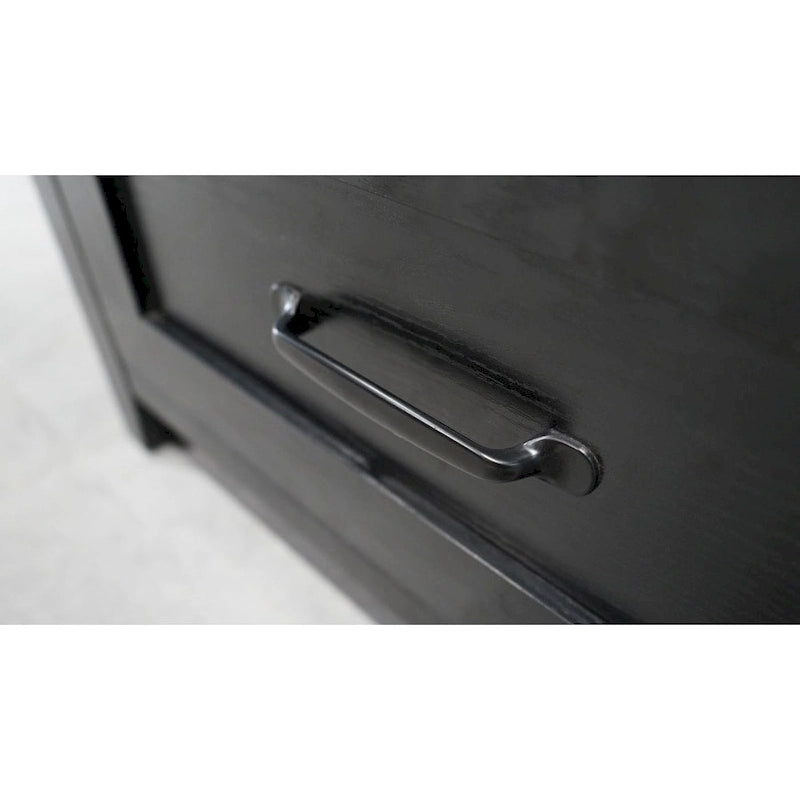 Meuble TV industriel noir avec 2 tiroirs et 4 étagères ouvertes, simple
