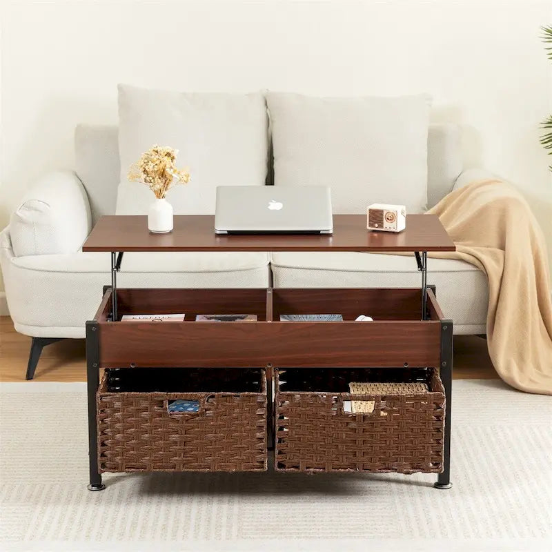 Table basse marron relevable avec rangement caché, 1 personne