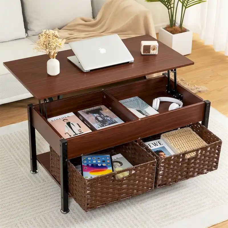Table basse marron relevable avec rangement caché, 1 personne