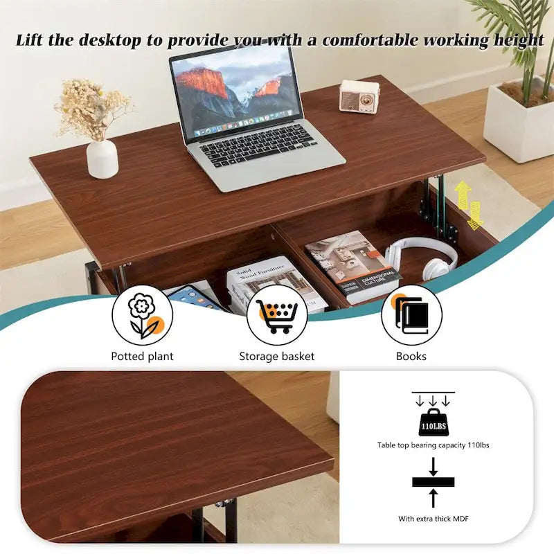 Table basse marron relevable avec rangement caché, 1 personne