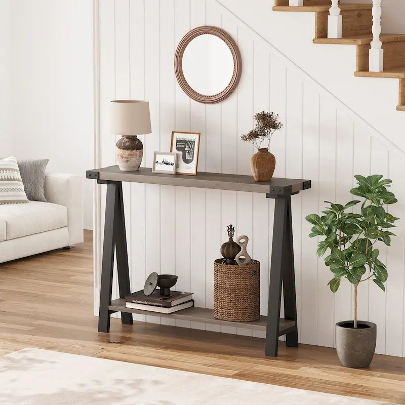 Console 2 niveaux marron et gris avec étagère de rangement, pieds en V, assemblage par 1 personne