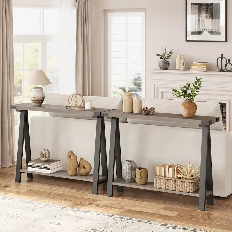 Console 2 niveaux marron et gris avec étagère de rangement, pieds en V, assemblage par 1 personne