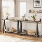 Console 2 niveaux marron et gris avec étagère de rangement, pieds en V, assemblage par 1 personne
