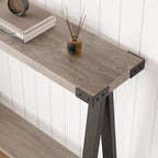 Console 2 niveaux marron et gris avec étagère de rangement, pieds en V, assemblage par 1 personne