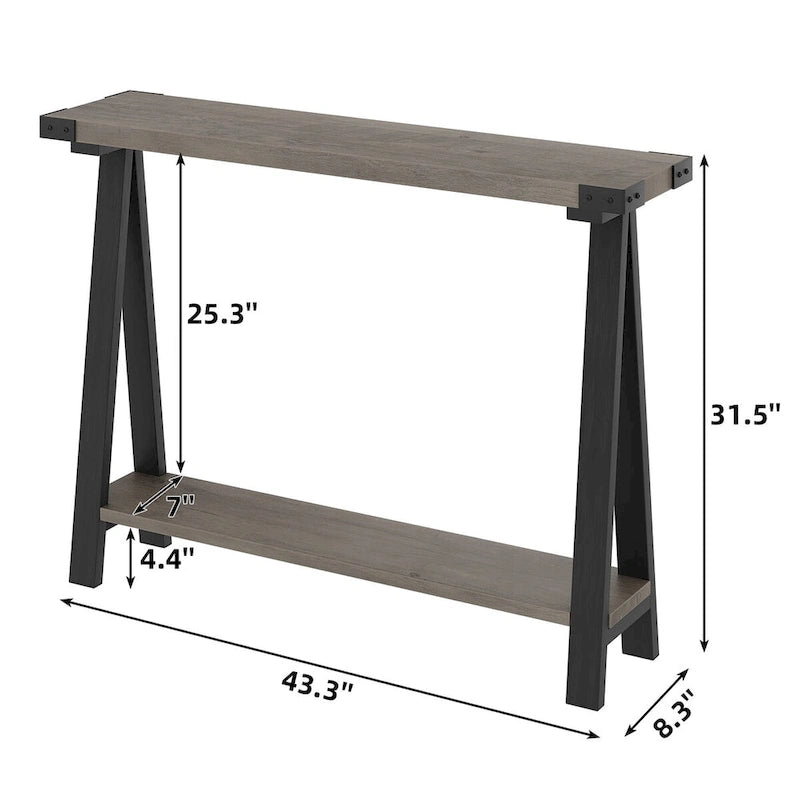 Console 2 niveaux marron et gris avec étagère de rangement, pieds en V, assemblage par 1 personne