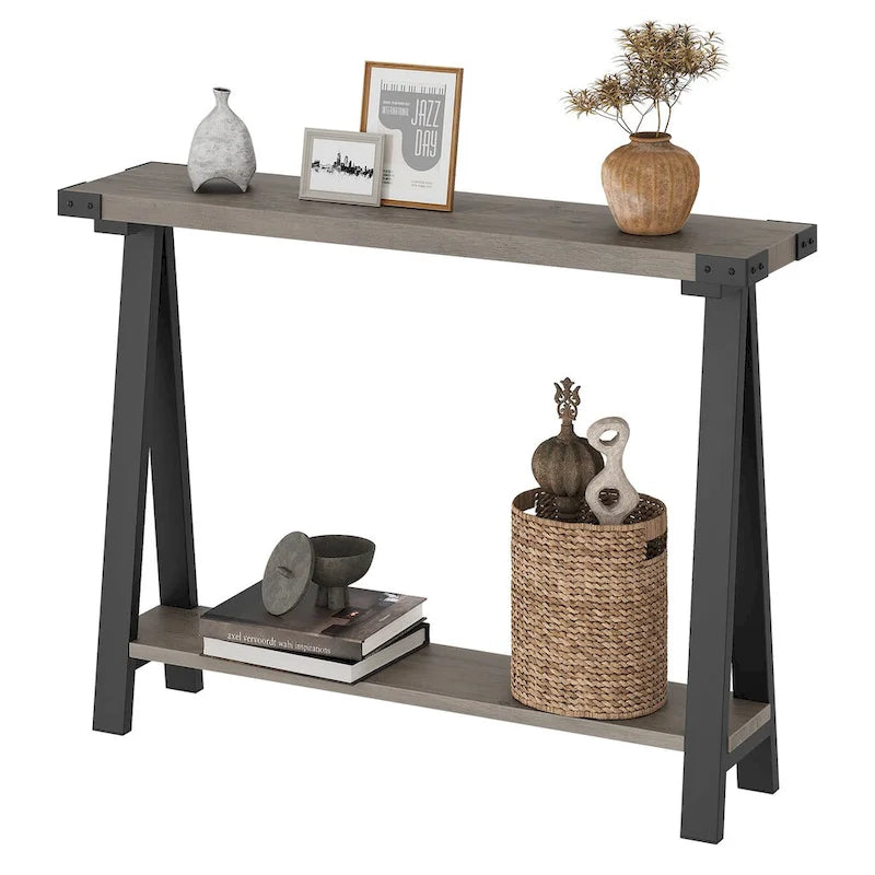 Console 2 niveaux marron et gris avec étagère de rangement, pieds en V, assemblage par 1 personne