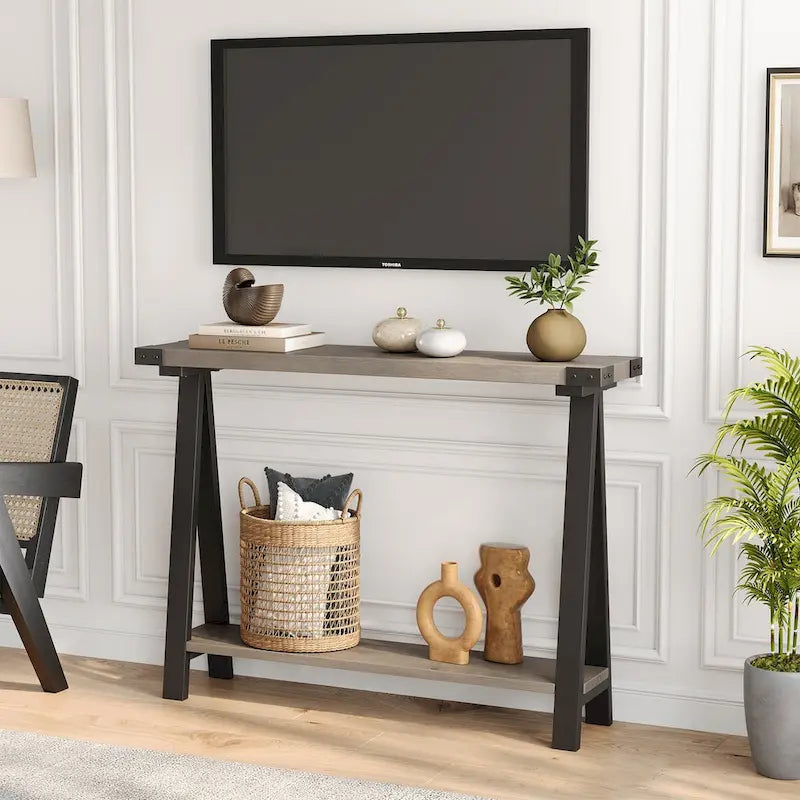 Console 2 niveaux marron et gris avec étagère de rangement, pieds en V, assemblage par 1 personne