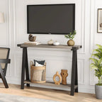 Console 2 niveaux marron et gris avec étagère de rangement, pieds en V, assemblage par 1 personne