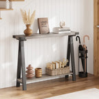Console 2 niveaux marron et gris avec étagère de rangement, pieds en V, assemblage par 1 personne