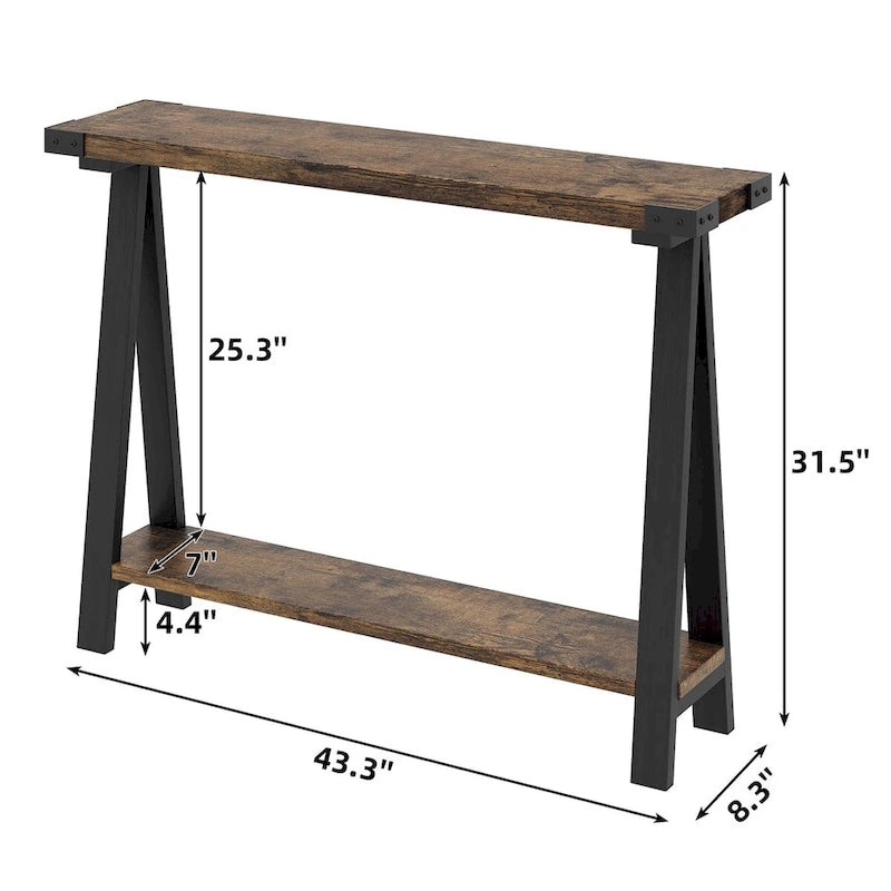 Console 2 niveaux marron et gris avec étagère de rangement, pieds en V, assemblage par 1 personne