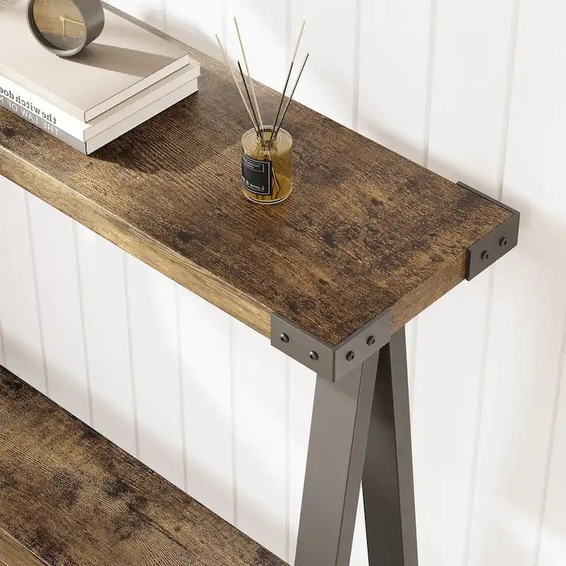 Console 2 niveaux marron et gris avec étagère de rangement, pieds en V, assemblage par 1 personne