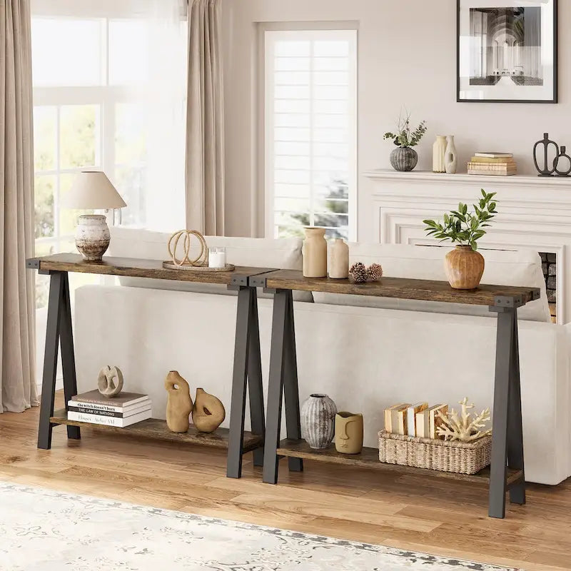 Console 2 niveaux marron et gris avec étagère de rangement, pieds en V, assemblage par 1 personne
