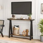 Console 2 niveaux marron et gris avec étagère de rangement, pieds en V, assemblage par 1 personne