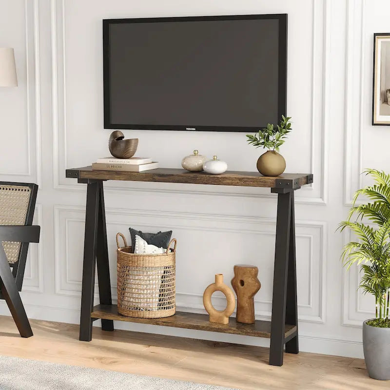 Console 2 niveaux marron et gris avec étagère de rangement, pieds en V, assemblage par 1 personne