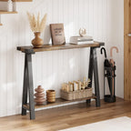 Console 2 niveaux marron et gris avec étagère de rangement, pieds en V, assemblage par 1 personne
