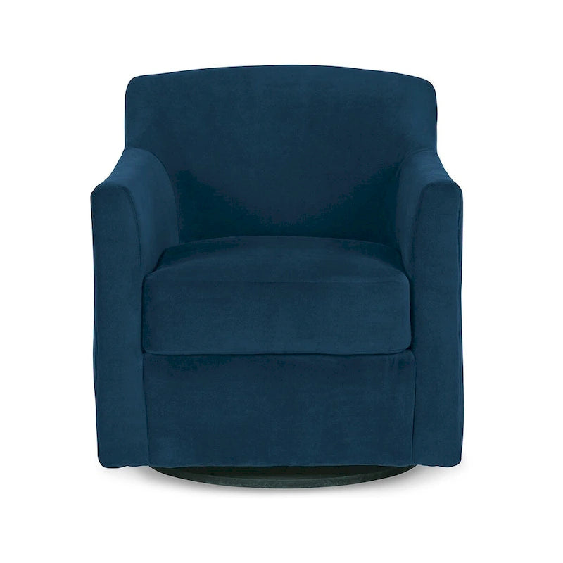 Fauteuil d'appoint pivotant en velours bleu, une place, accoudoirs incurvés, base en bois noir