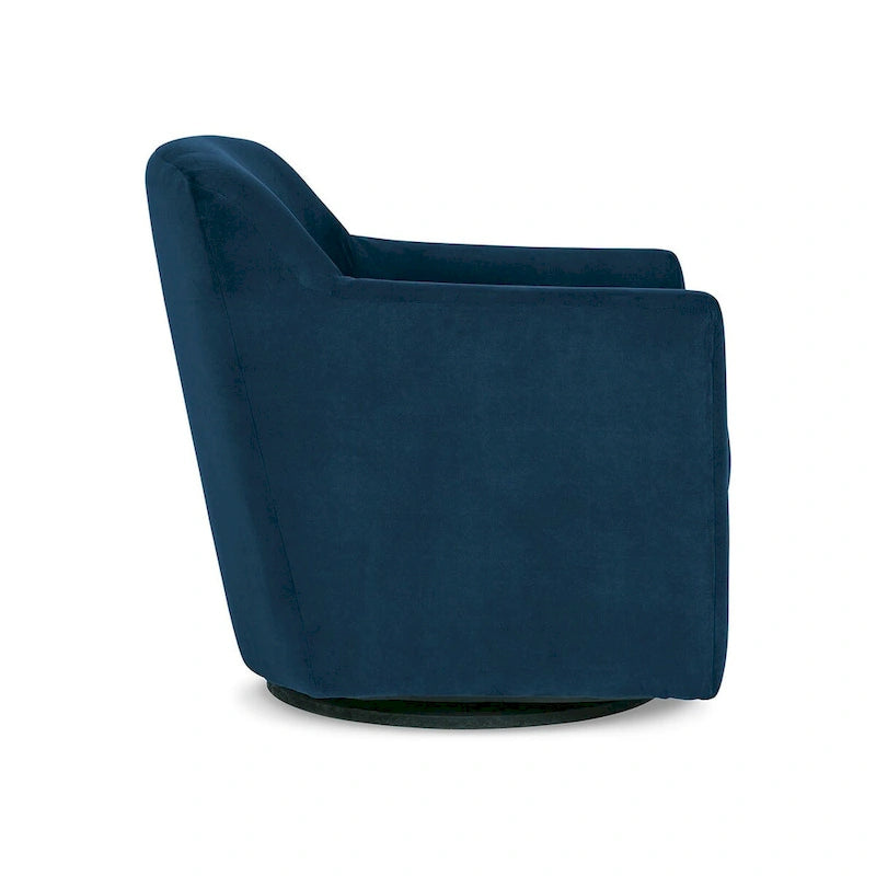 Fauteuil d'appoint pivotant en velours bleu, une place, accoudoirs incurvés, base en bois noir