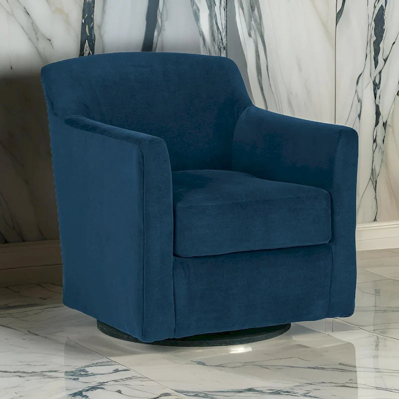 Fauteuil d'appoint pivotant en velours bleu, une place, accoudoirs incurvés, base en bois noir