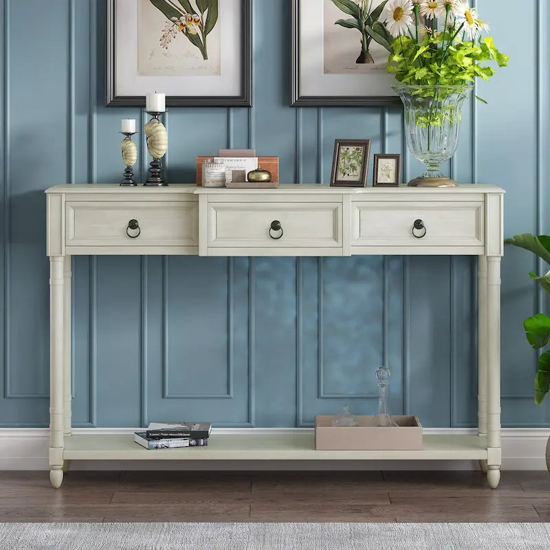 Console avec 3 tiroirs et étagère inférieure, coloris Espresso / Bleu marine vieilli / Beige / Blanc cassé, montage par 1 personne