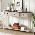 Console avec 3 tiroirs et étagère inférieure, coloris Espresso / Bleu marine vieilli / Beige / Blanc cassé, montage par 1 personne