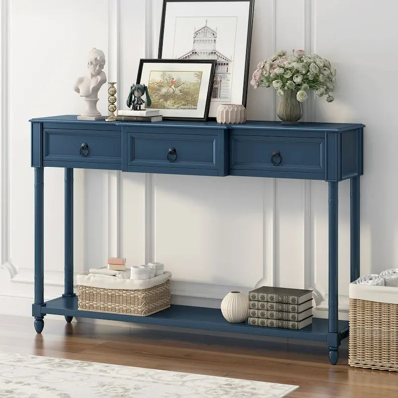 Console avec 3 tiroirs et étagère inférieure, coloris Espresso / Bleu marine vieilli / Beige / Blanc cassé, montage par 1 personne