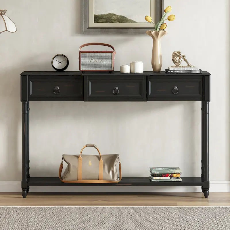 Console avec 3 tiroirs et étagère inférieure, coloris Espresso / Bleu marine vieilli / Beige / Blanc cassé, montage par 1 personne