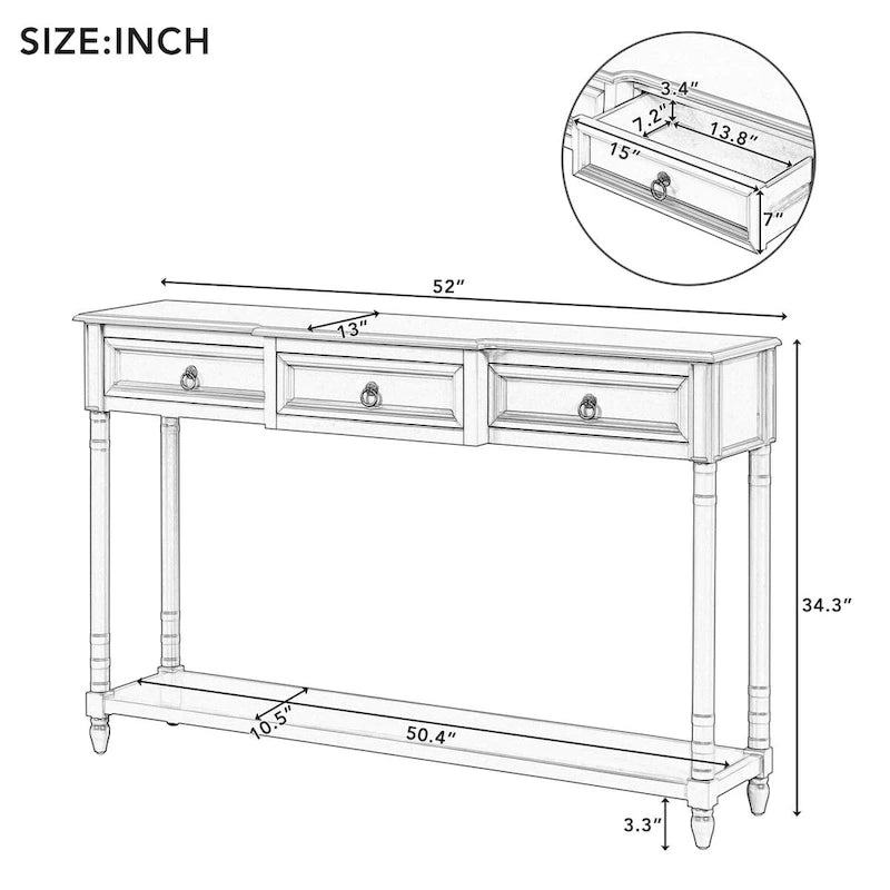 Console avec 3 tiroirs et étagère inférieure, coloris Espresso / Bleu marine vieilli / Beige / Blanc cassé, montage par 1 personne