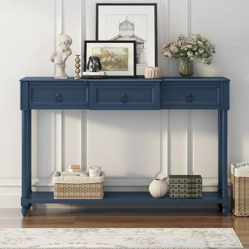 Console avec 3 tiroirs et étagère inférieure, coloris Espresso / Bleu marine vieilli / Beige / Blanc cassé, montage par 1 personne