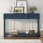Console avec 3 tiroirs et étagère inférieure, coloris Espresso / Bleu marine vieilli / Beige / Blanc cassé, montage par 1 personne