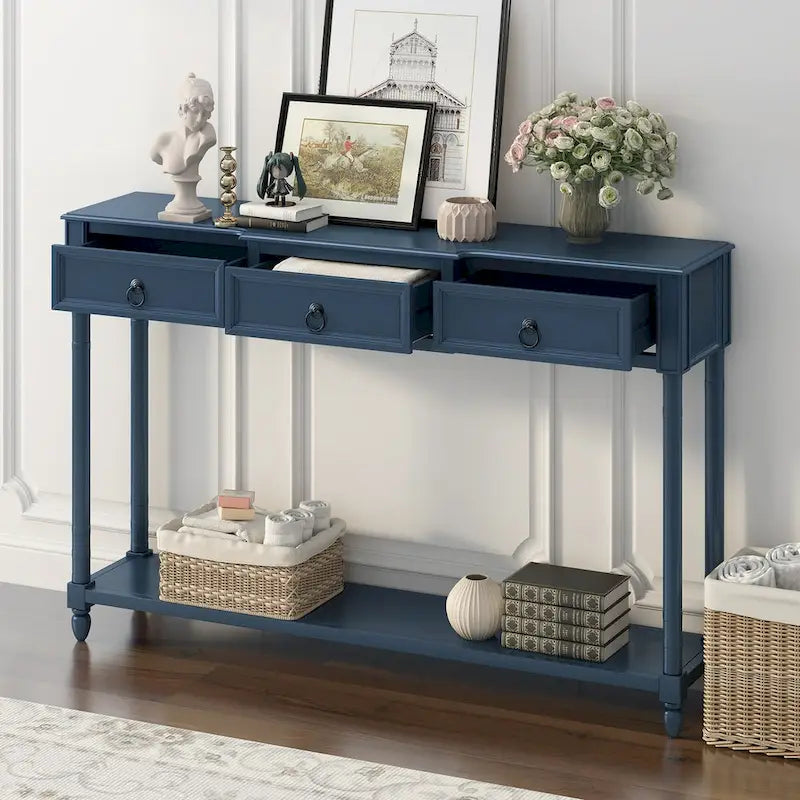 Console avec 3 tiroirs et étagère inférieure, coloris Espresso / Bleu marine vieilli / Beige / Blanc cassé, montage par 1 personne