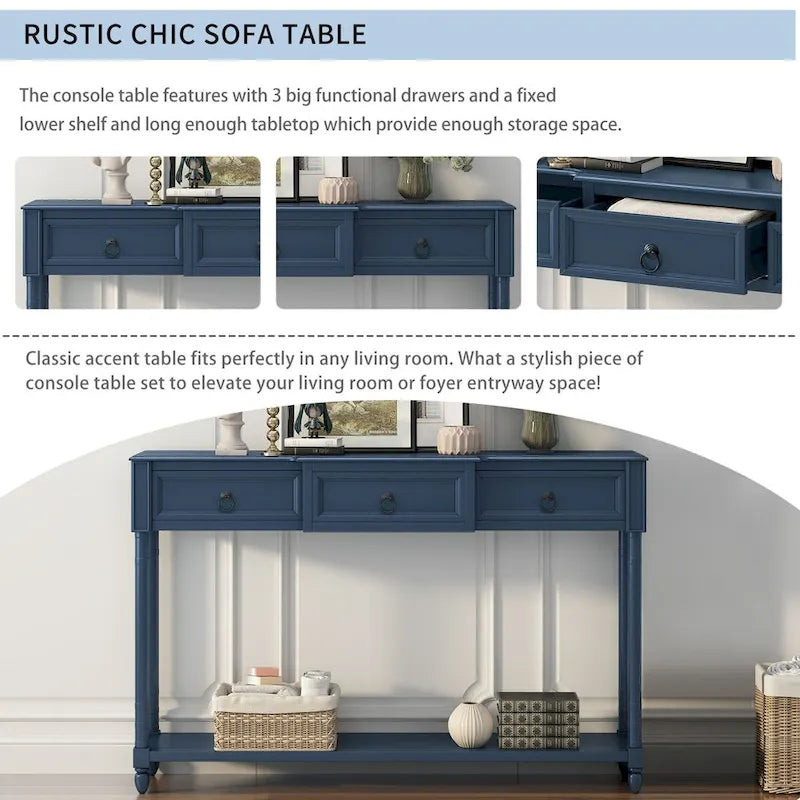Console avec 3 tiroirs et étagère inférieure, coloris Espresso / Bleu marine vieilli / Beige / Blanc cassé, montage par 1 personne