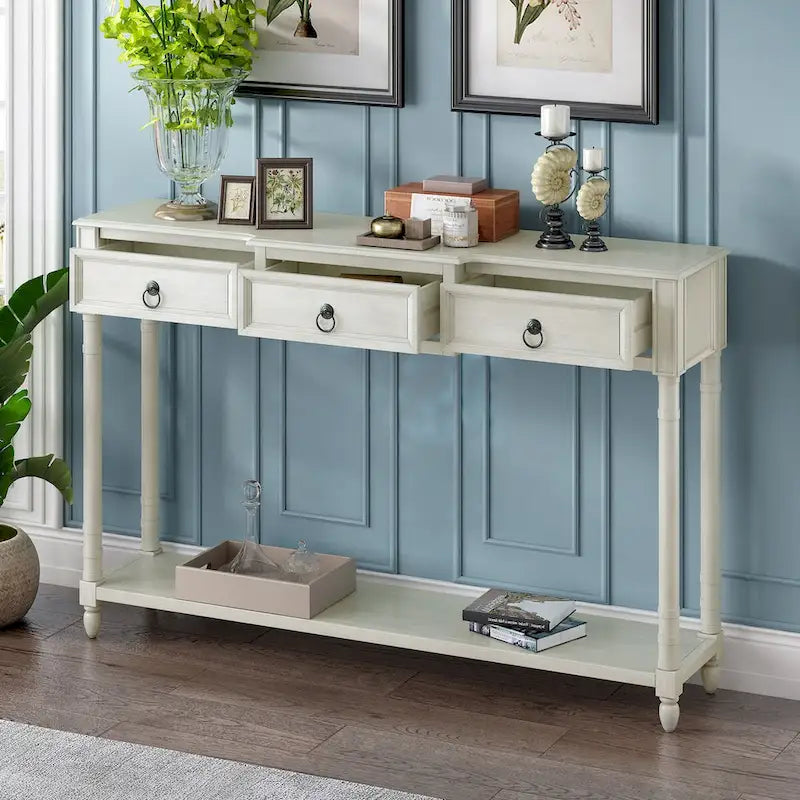 Console avec 3 tiroirs et étagère inférieure, coloris Espresso / Bleu marine vieilli / Beige / Blanc cassé, montage par 1 personne