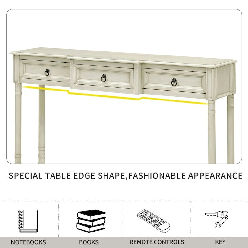 Console avec 3 tiroirs et étagère inférieure, coloris Espresso / Bleu marine vieilli / Beige / Blanc cassé, montage par 1 personne