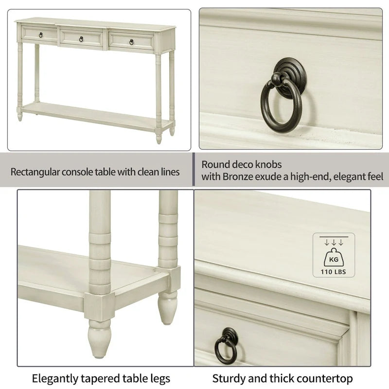 Console avec 3 tiroirs et étagère inférieure, coloris Espresso / Bleu marine vieilli / Beige / Blanc cassé, montage par 1 personne